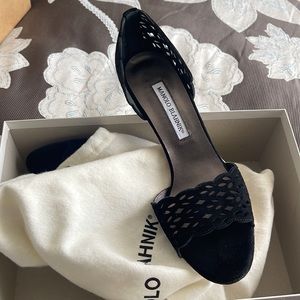 Black Suede Manolo Blahnik Open Toe Heels